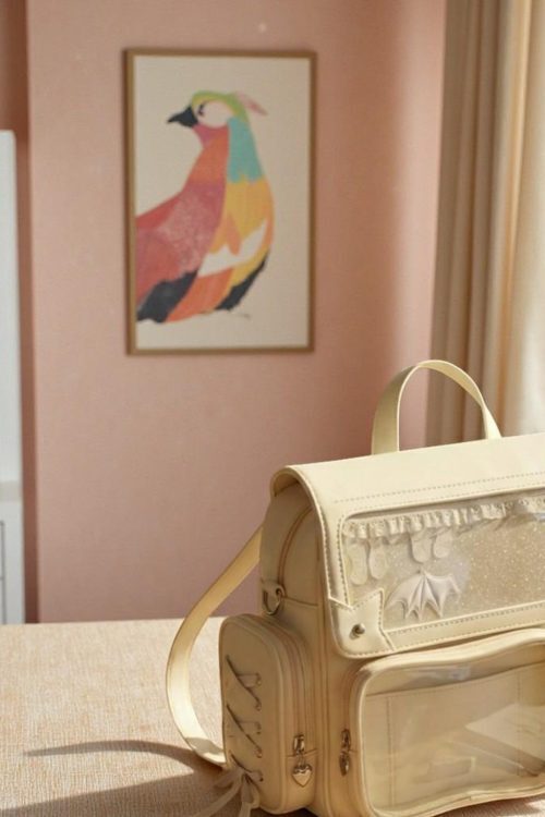 Beige Kawaii Convertible Ita Bag with Clear Window for Pin Display