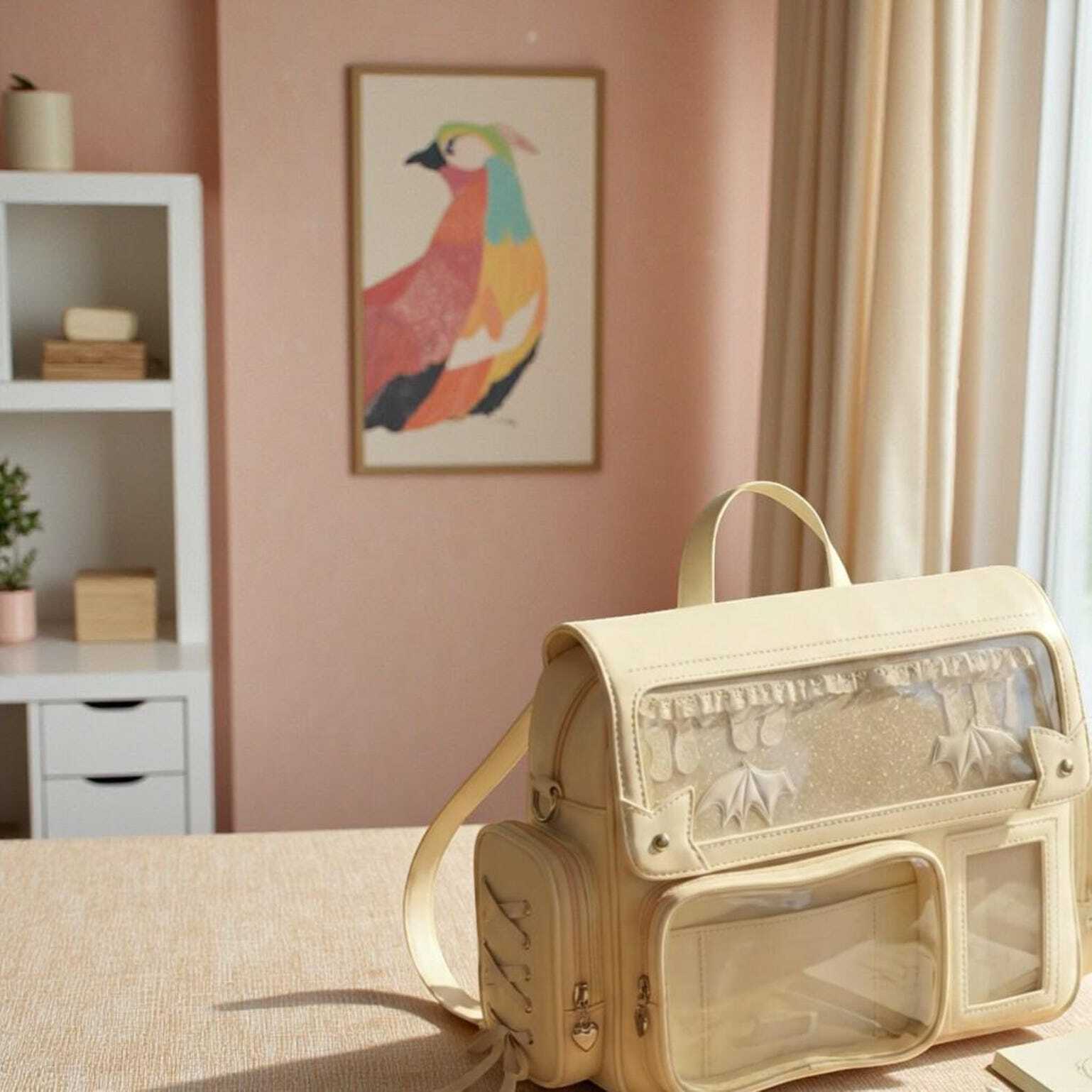 Beige Kawaii Convertible Ita Bag with Clear Window for Pin Display Beige Kawaii Convertible Ita Bag with Clear Window for Pin Display