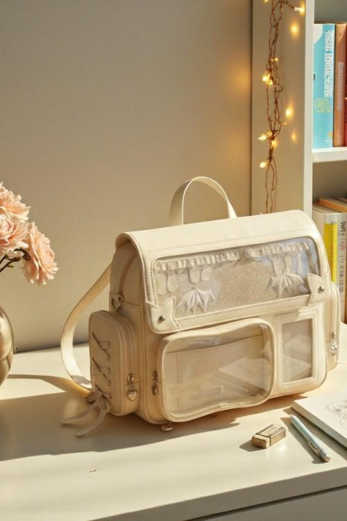 Beige Kawaii Convertible Ita Bag with Clear Window for Pin Display