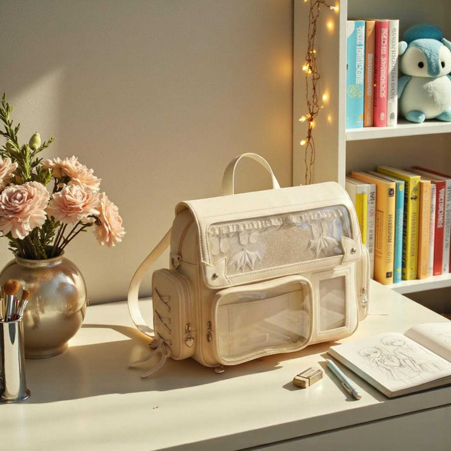 Beige Kawaii Convertible Ita Bag with Clear Window for Pin Display Beige Kawaii Convertible Ita Bag with Clear Window for Pin Display