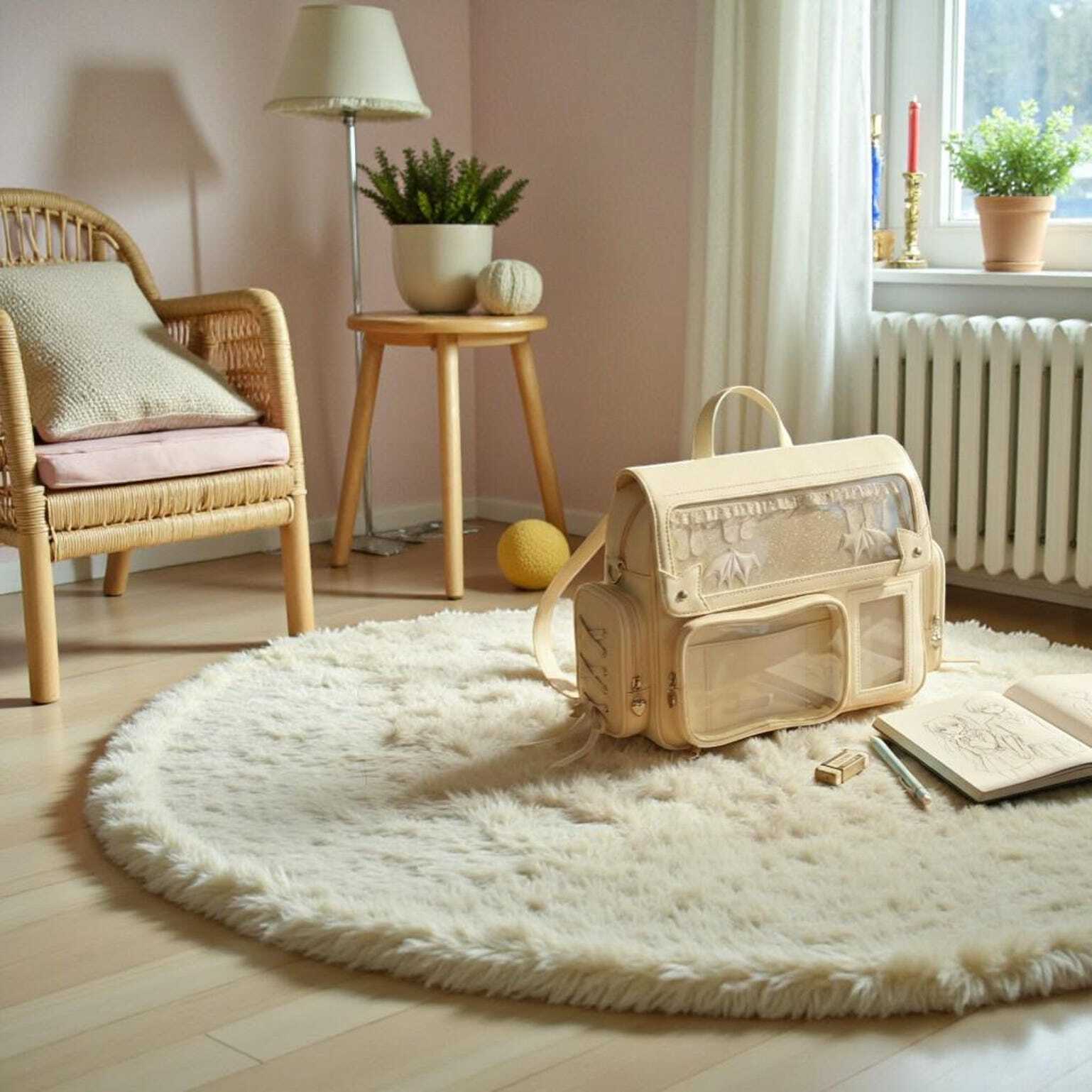 Beige Kawaii Convertible Ita Bag with Clear Window for Pin Display Beige Kawaii Convertible Ita Bag with Clear Window for Pin Display