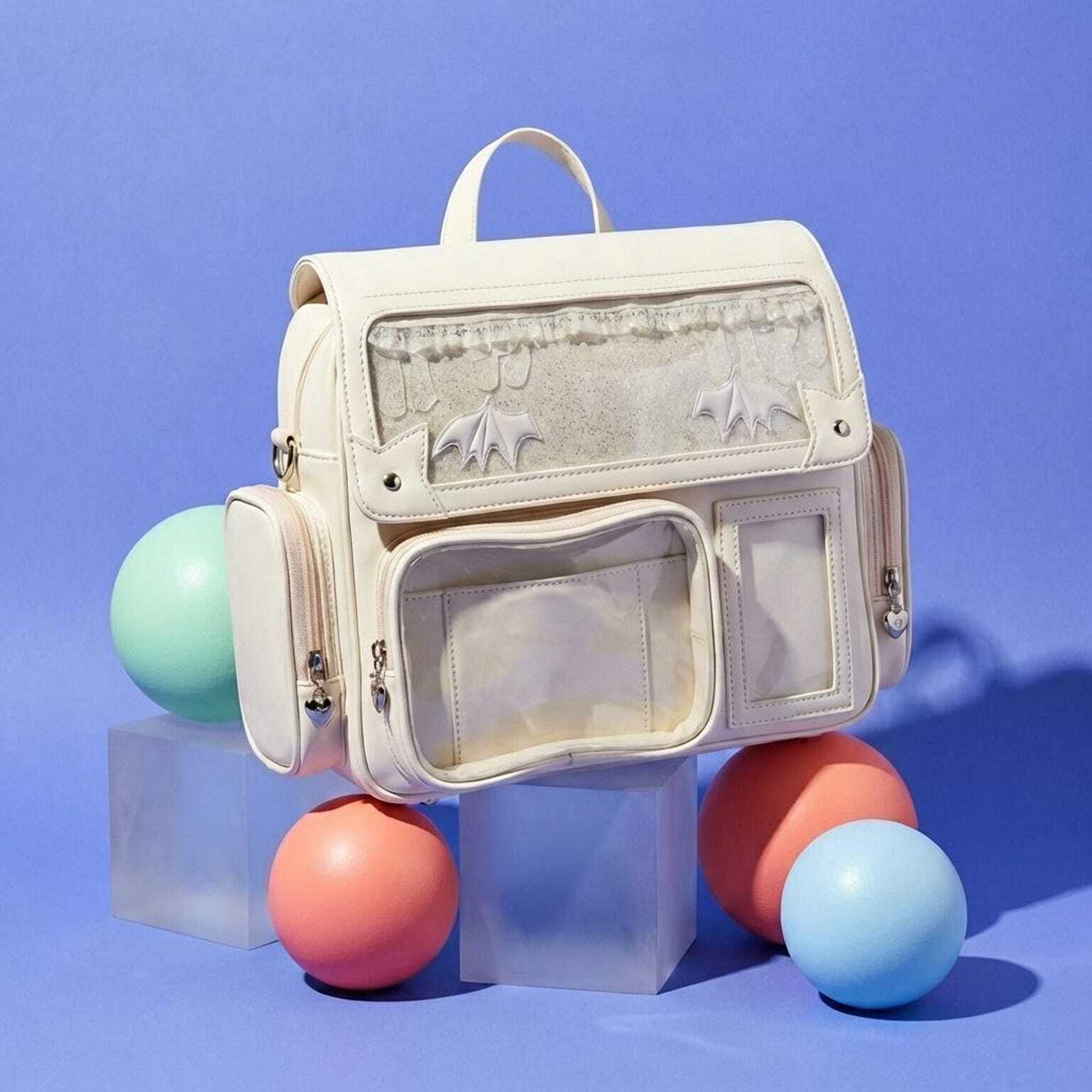 Beige Kawaii Convertible Ita Bag with Clear Window for Pin Display Beige Kawaii Convertible Ita Bag with Clear Window for Pin Display