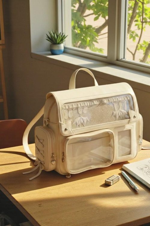 Beige Kawaii Convertible Ita Bag with Clear Window for Pin Display