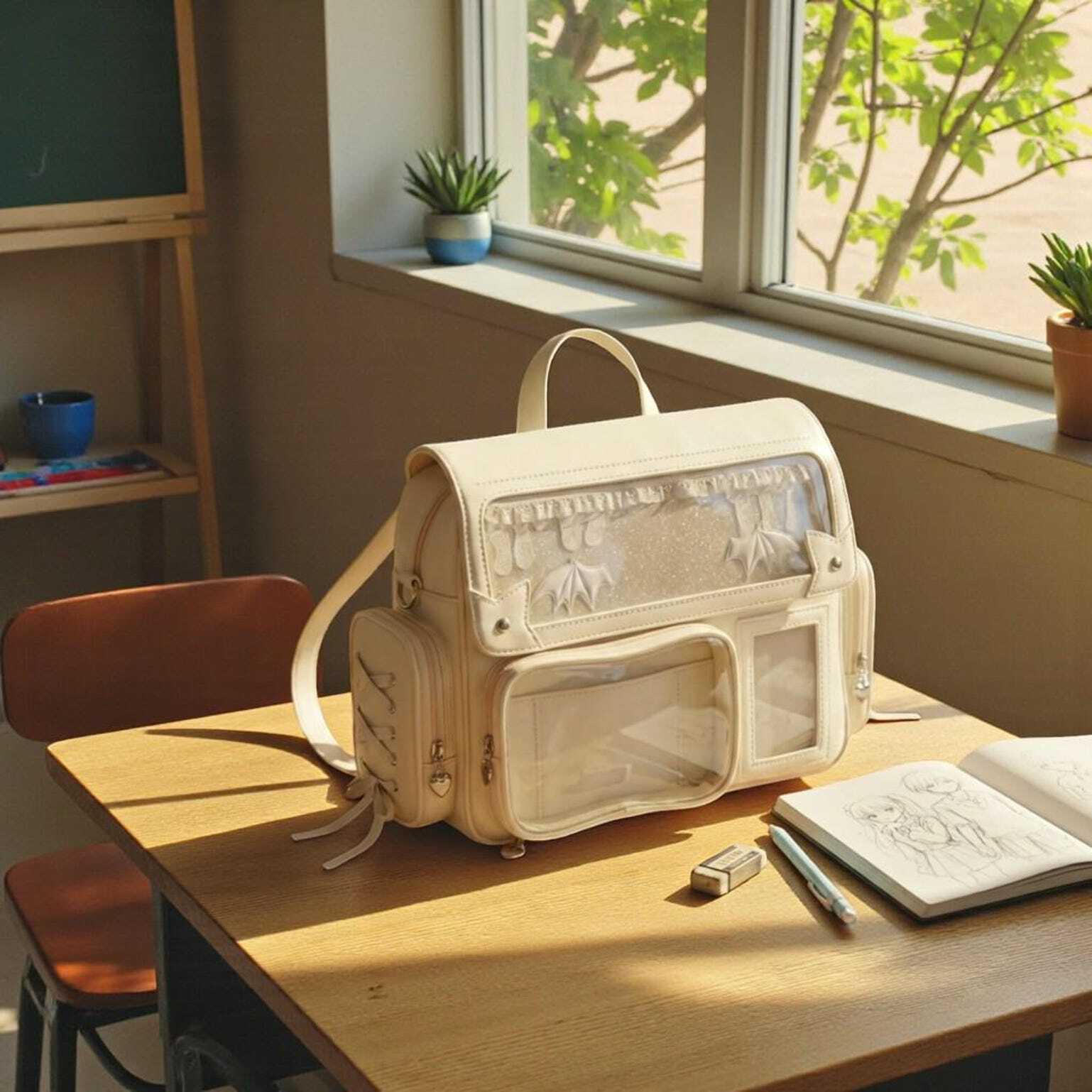 Beige Kawaii Convertible Ita Bag with Clear Window for Pin Display Beige Kawaii Convertible Ita Bag with Clear Window for Pin Display