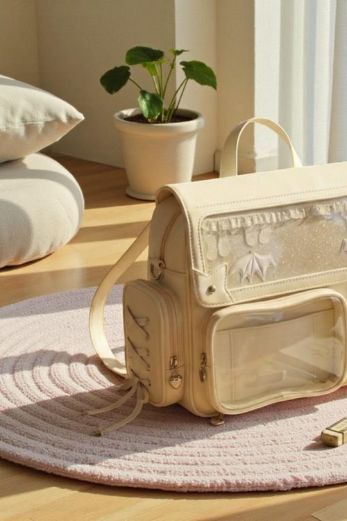 Beige Kawaii Convertible Ita Bag with Clear Window for Pin Display