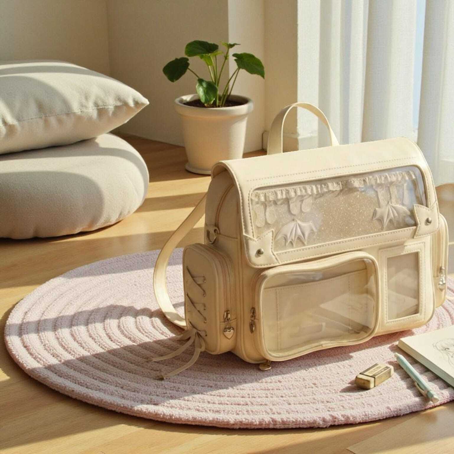 Beige Kawaii Convertible Ita Bag with Clear Window for Pin Display Beige Kawaii Convertible Ita Bag with Clear Window for Pin Display