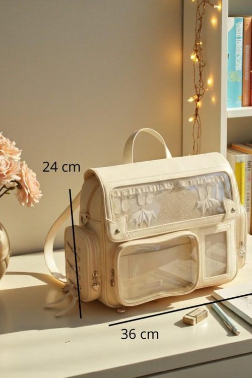 Beige Kawaii Convertible Ita Bag with Clear Window for Pin Display