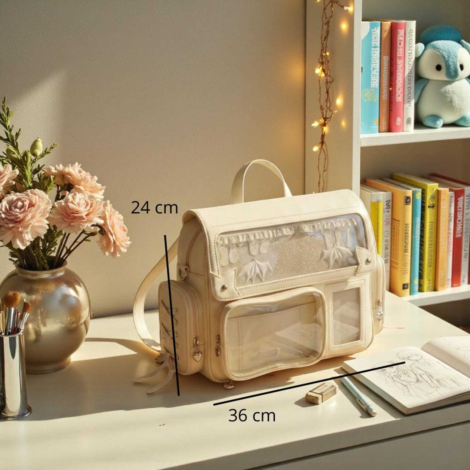 Beige Kawaii Convertible Ita Bag with Clear Window for Pin Display Beige Kawaii Convertible Ita Bag with Clear Window for Pin Display