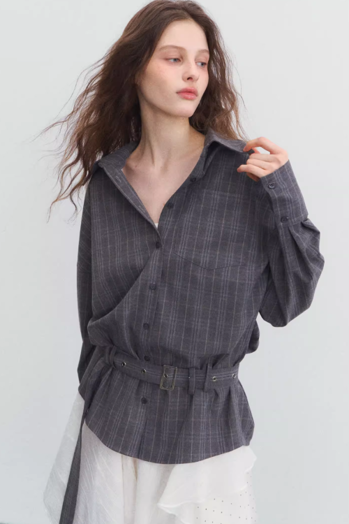 Belt Long-Sleeve Loose Shirt