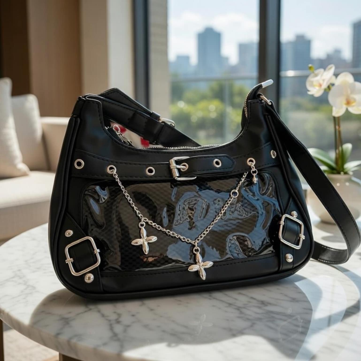 Black Convertible Ita Bag with Clear Window for Photocards and Pins Black Convertible Ita Bag with Clear Window for Photocards and Pins