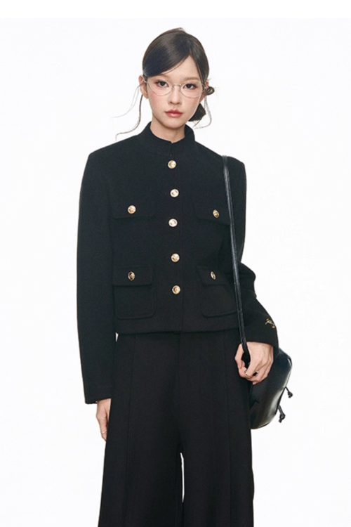 Black Gold Buckle Short Jacket / Black Casual Wide Pants