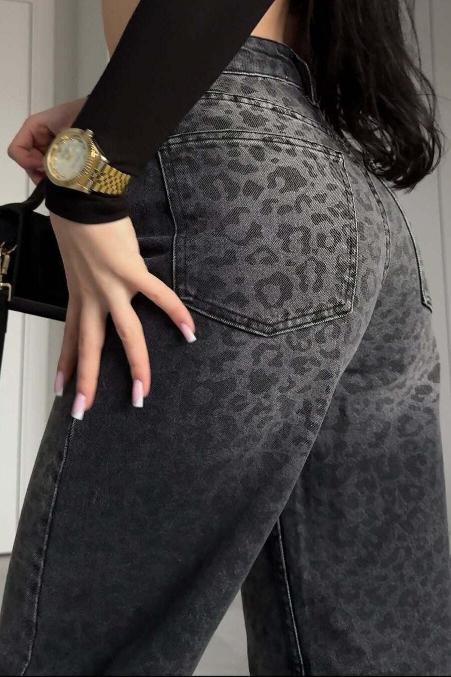 Black Grey Washed Leopard Print High Waist Jeans Black Grey Washed Leopard Print High Waist Jeans