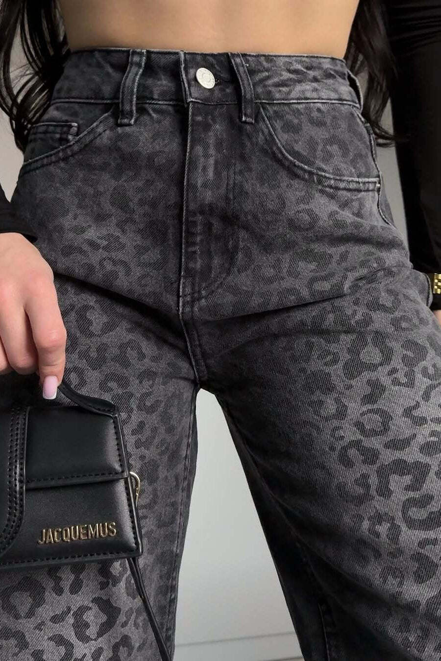 Black Grey Washed Leopard Print High Waist Jeans Black Grey Washed Leopard Print High Waist Jeans