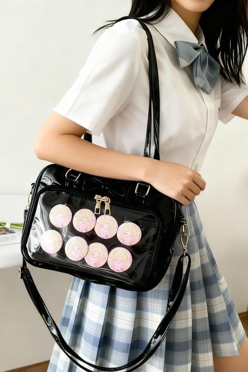 Black Ita Shoulder Bag with Clear Window for Plushies and Pins