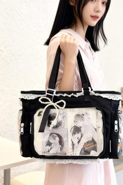 Black Ita Tote Bag with Clear Window for Plushies and Pins