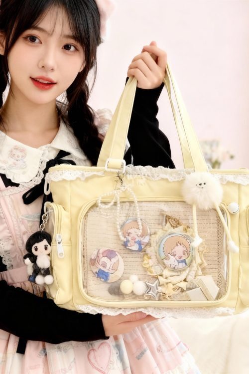 Black Ita Tote Bag with Clear Window for Plushies and Pins