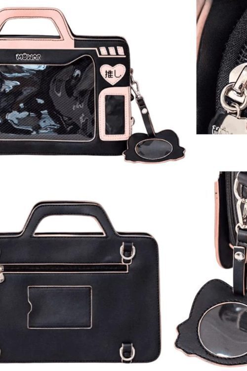 Black Kawaii Cat Convertible Ita Bag with Clear Window for Pin Display