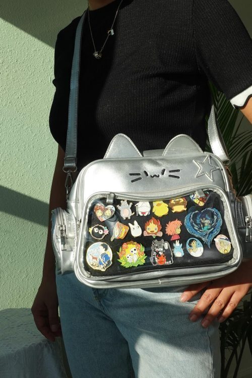 Black Kawaii Cat Convertible Ita Bag with Clear Window for Pin Display