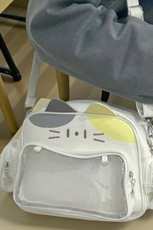 Black Kawaii Cat Convertible Ita Bag with Clear Window for Pin Display
