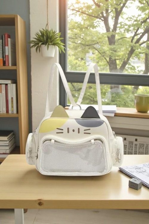 Black Kawaii Cat Convertible Ita Bag with Clear Window for Pin Display