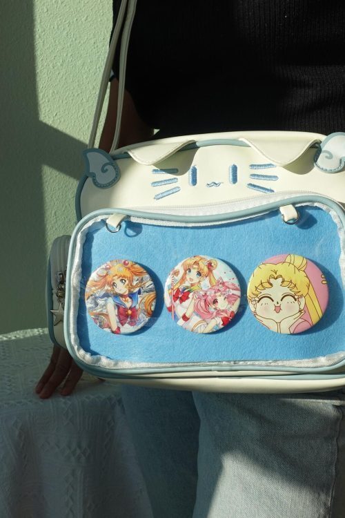 Black Kawaii Cat Convertible Ita Bag with Clear Window for Pin Display