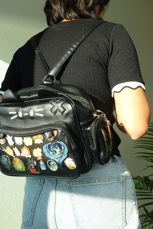 Black Kawaii Cat Convertible Ita Bag with Clear Window for Pin Display