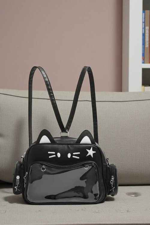 Black Kawaii Cat Convertible Ita Bag with Clear Window for Pin Display