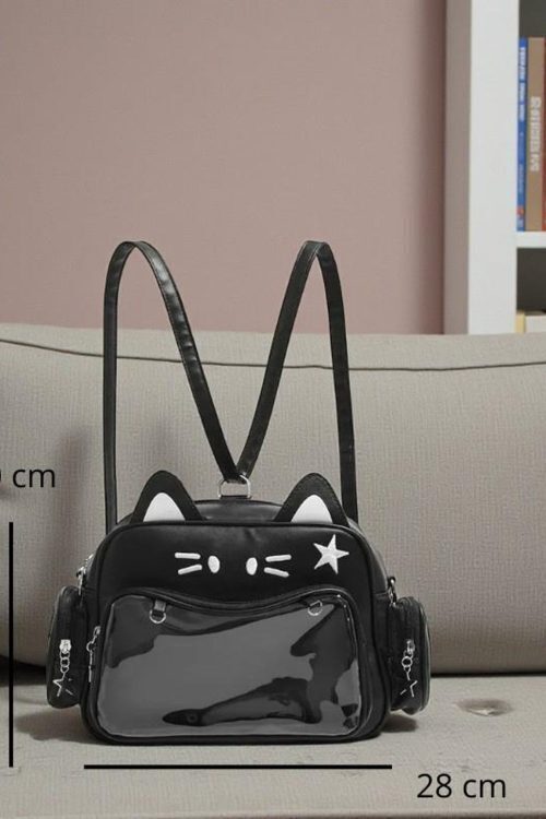 Black Kawaii Cat Convertible Ita Bag with Clear Window for Pin Display