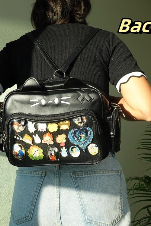 Black Kawaii Cat Convertible Ita Bag with Clear Window for Pin Display