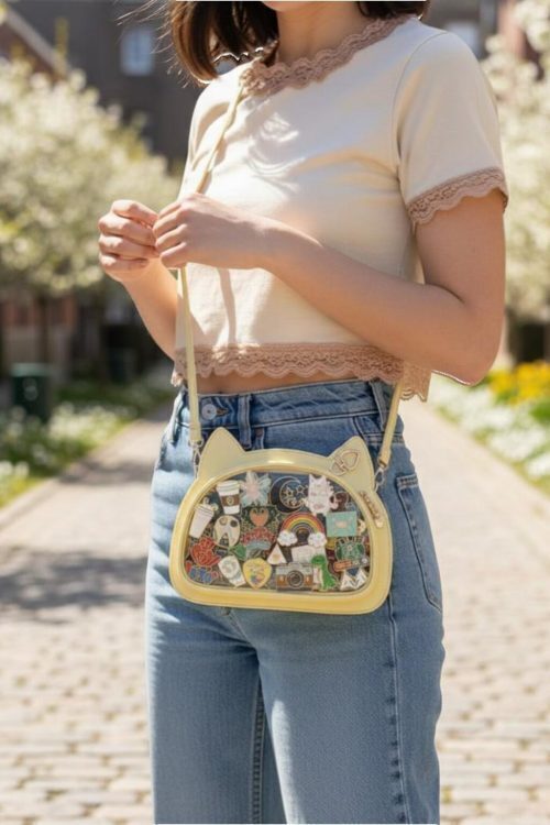 Black Kawaii Cat Convertible Ita Bag with Clear Window for Pin Display