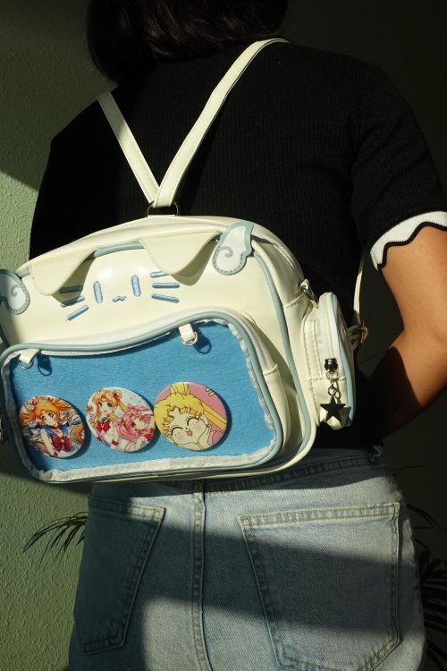 Black Kawaii Cat Convertible Ita Bag with Clear Window for Pin Display