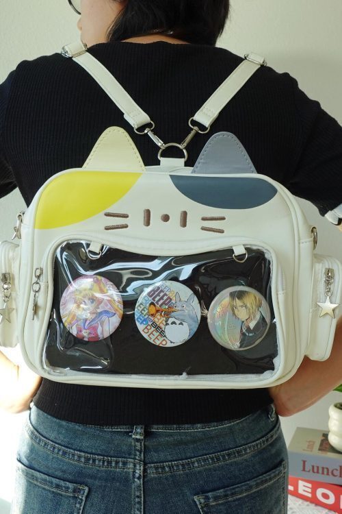 Black Kawaii Cat Convertible Ita Bag with Clear Window for Pin Display