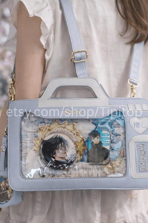 Black Kawaii Cat Convertible Ita Bag with Clear Window for Pin Display