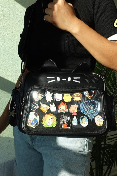 Black Kawaii Cat Convertible Ita Bag with Clear Window for Pin Display