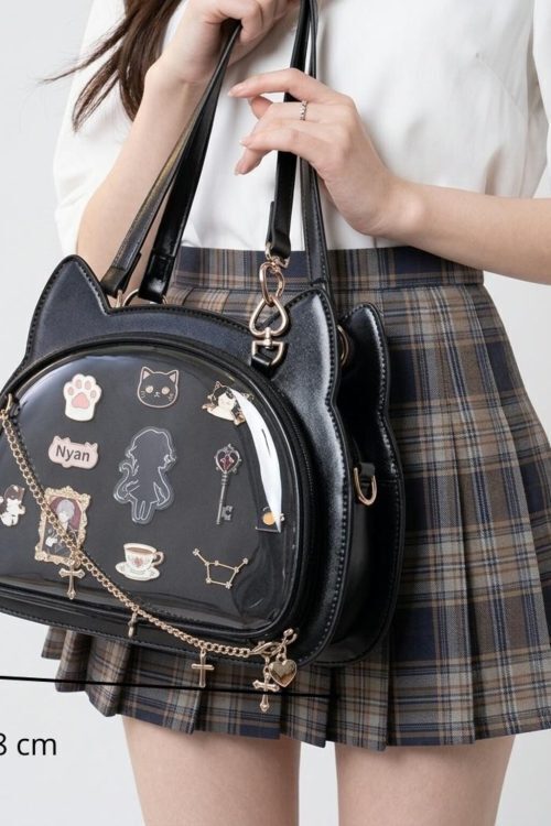 Black Kawaii Cat Convertible Ita Bag with Clear Window for Pin Display