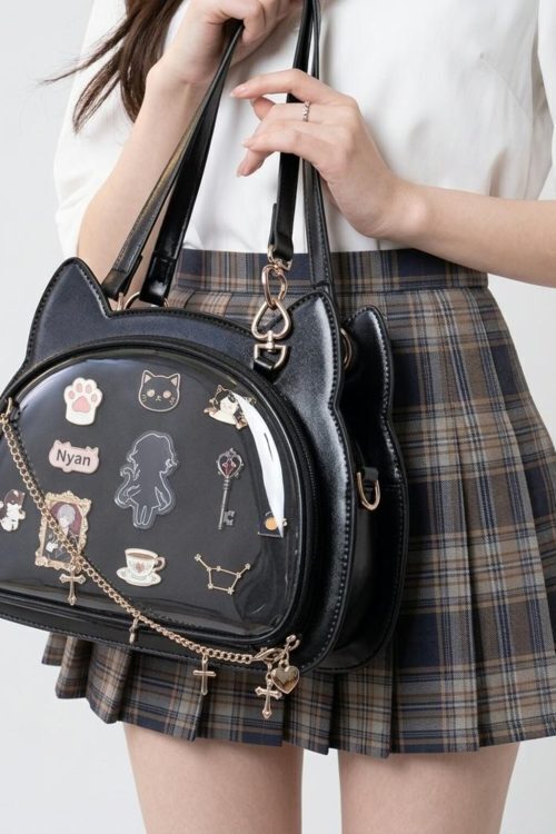 Black Kawaii Cat Convertible Ita Bag with Clear Window for Pin Display