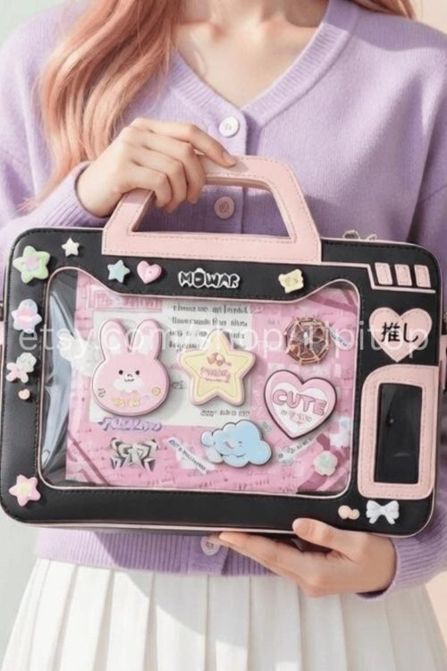 Black Kawaii Cat Convertible Ita Bag with Clear Window for Pin Display