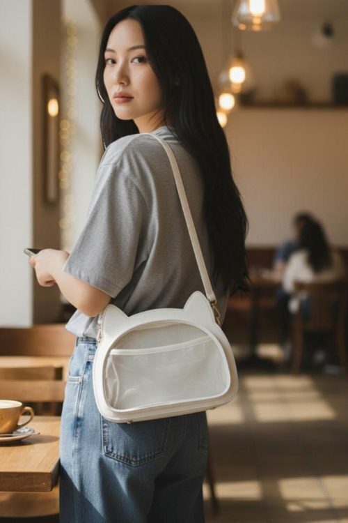 Black Kawaii Cat Convertible Ita Bag with Clear Window for Pin Display