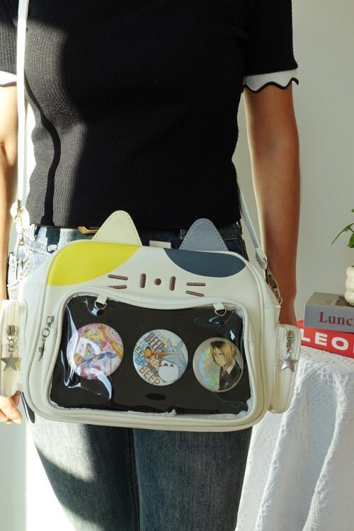 Black Kawaii Cat Convertible Ita Bag with Clear Window for Pin Display