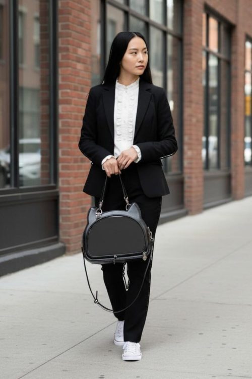 Black Kawaii Cat Convertible Ita Bag with Clear Window for Pin Display