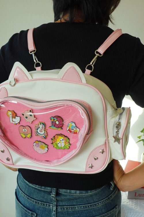 Black Kawaii Cat Convertible Ita Bag with Clear Window for Pin Display