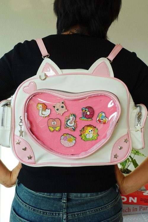 Black Kawaii Cat Convertible Ita Bag with Clear Window for Pin Display