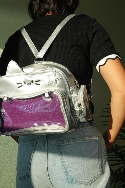 Black Kawaii Cat Convertible Ita Bag with Clear Window for Pin Display