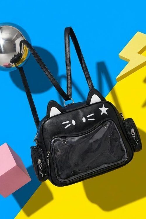 Black Kawaii Cat Convertible Ita Bag with Clear Window for Pin Display