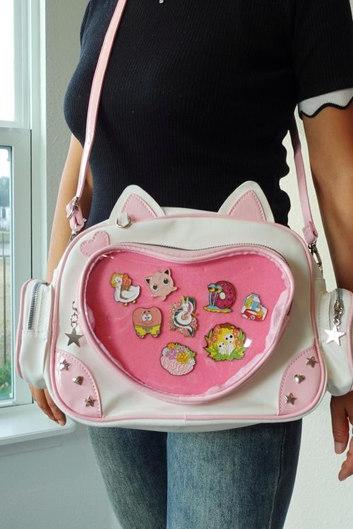 Black Kawaii Cat Convertible Ita Bag with Clear Window for Pin Display
