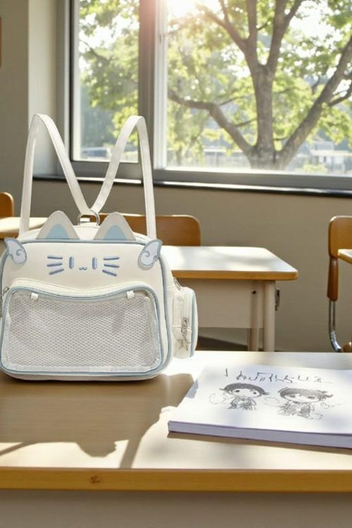 Black Kawaii Cat Convertible Ita Bag with Clear Window for Pin Display