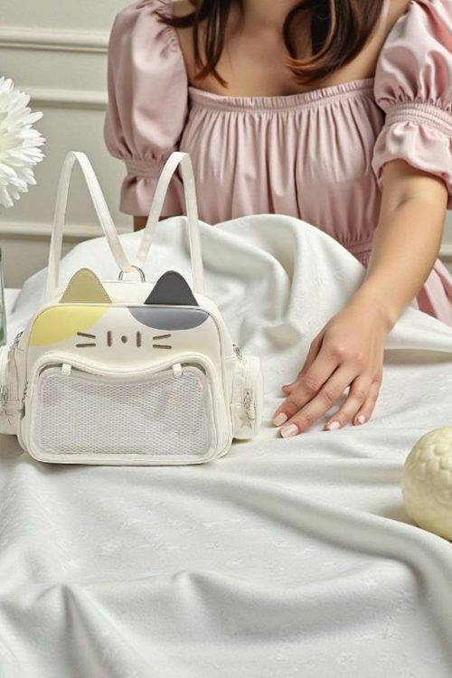 Black Kawaii Cat Convertible Ita Bag with Clear Window for Pin Display