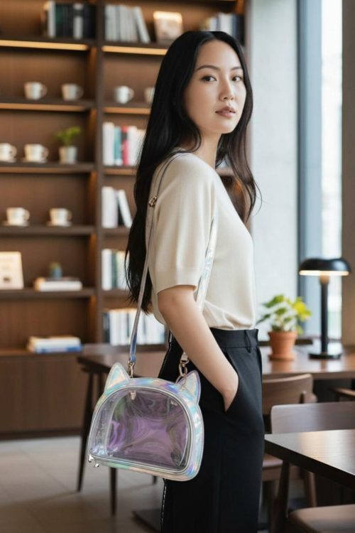 Black Kawaii Cat Convertible Ita Bag with Clear Window for Pin Display