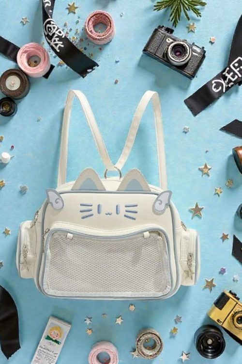 Black Kawaii Cat Convertible Ita Bag with Clear Window for Pin Display