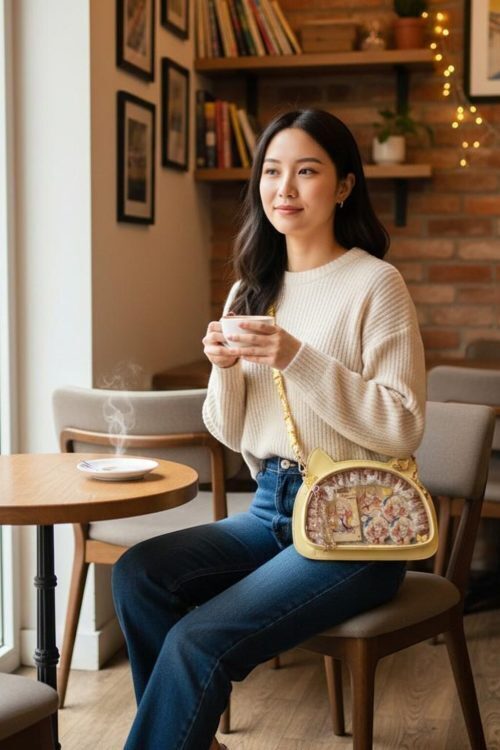 Black Kawaii Cat Convertible Ita Bag with Clear Window for Pin Display